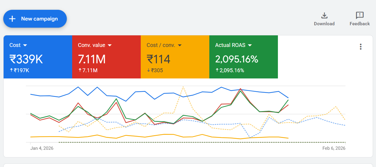 Google Ads dashboard for D2C baby brand